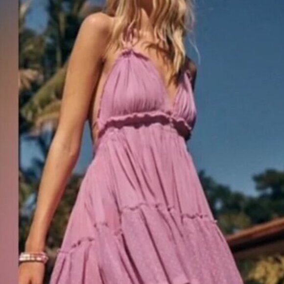 Free People 100 Degrees Swiss Dot Backless Halter Mini Dress Pink Dusty Rose - Picture 2 of 4